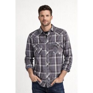 Rock & Republic Mens Medium Gray Plaid Casual Button Up Shirt Western